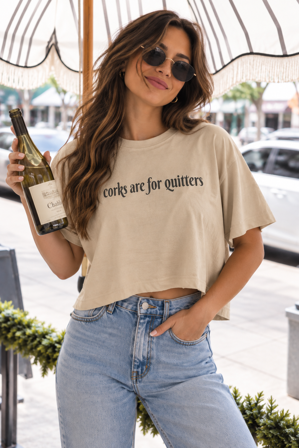 SALE- Corks Are For Quitters Tan Crop Tee